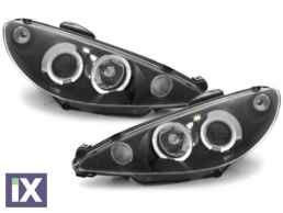 Φανάρια εμπρός angel eyes για Peugeot 206 , μαύρα , με λάμπες (Η1) - σετ 2τμχ.