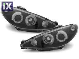 Φανάρια εμπρός angel eyes για Peugeot 206 , μαύρα , με λάμπες (Η1) - σετ 2τμχ.