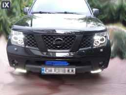 Φανάρια εμπρός led angel eyes για Nissan Navara / Pathfinder (2005-2009) - μαύρα , με λάμπες (Η1) - σετ 2τμχ.