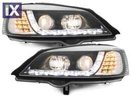 Φανάρια εμπρός led με DRL για Opel Astra G (1998-2004) - μαύρα , με λάμπες (Η1) - σετ 2τμχ.