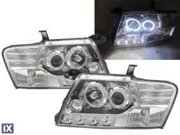 Φανάρια εμπρός angel eyes για Mitsubishi Pajero (2001-2006) - chrome , με λάμπες (Η1) - σετ 2τμχ.