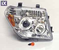 Φανάρια εμπρός led angel eyes για Nissan Navara / Pathfinder (2005-2009) - chrome , με λάμπες (Η1) - σετ 2τμχ.