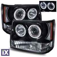 Φανάρια εμπρός angel eyes για Jeep Grand Cherokee (1993-1998) - μαύρα , με λάμπες (Η1) - σετ 2τμχ.