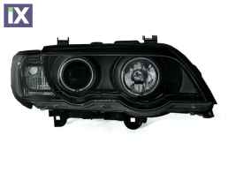 Φανάρια εμπρός με φώτα ημέρας led και angel eyes για BMW X5 (1999-2003) - μαύρα , με λάμπες (Η1) - σετ 2τμχ.