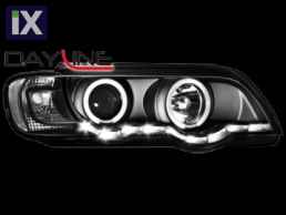 Φανάρια εμπρός με φώτα ημέρας led και angel eyes για BMW X5 (1999-2003) - μαύρα , με λάμπες (Η1) - σετ 2τμχ.