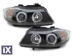 Φανάρια εμπρός angel eyes για BMW E90 (2005-2008) - μαύρα , με λάμπες (Η1) - σετ 2τμχ.