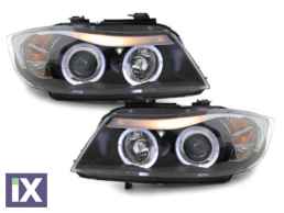 Φανάρια εμπρός angel eyes για BMW E90 (2005-2008) - μαύρα , με λάμπες (Η1) - σετ 2τμχ.