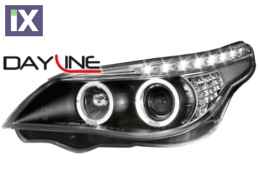 Φανάρια εμπρός angel eyes led για BMW E60 (2003-2007) - μαύρα , με λάμπες (Η1) - σετ 2τμχ.