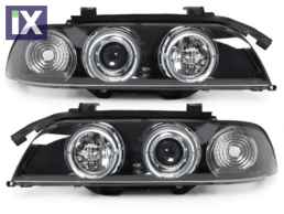 Φανάρια εμπρός angel eyes για BMW E39 (1995-2003) - μαύρα , με λάμπες (Η1) - σετ 2τμχ.