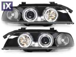 Φανάρια εμπρός angel eyes για BMW E39 (1995-2003) - μαύρα , με λάμπες (Η1) - σετ 2τμχ.