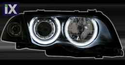 Φανάρια εμπρός angel eyes με CCFL για BMW E46 sedan (1998-2001) - μαύρα , με λάμπες (Η1) - σετ 2τμχ.