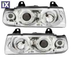 Φανάρια εμπρός angel eyes για BMW E36 (1991-1999) 4d sedan - chrome , με λάμπες (Η1) - σετ 2τμχ.