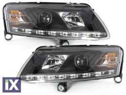 Φανάρια εμπρός για Audi A6 με φώτα ημέρας led (2004-2007) - μαύρα , με λάμπες (Η1) - σετ 2τμχ.