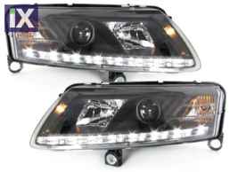 Φανάρια εμπρός για Audi A6 με φώτα ημέρας led (2004-2007) - μαύρα , με λάμπες (Η1) - σετ 2τμχ.