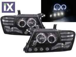 Φανάρια εμπρός angel eyes για Mitsubishi Pajero (2001-2006) - μαύρα , με λάμπες (Η1) - σετ 2τμχ.