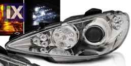 Φανάρια εμπρός angel eyes για Peugeot 206 - χρωμίου με led , με λάμπες (Η1) - σετ 2τμχ.