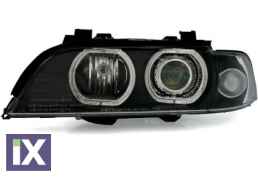 Φανάρια εμπρός angel eyes με led δαχτυλίδια για BMW E39 (1995-2000) - μαύρα , με λάμπες (Η1) - σετ 2τμχ.