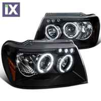 Φανάρια εμπρός led angel eyes για Jeep Grand Cherokee (1999-2005) - μαύρα , με λάμπες (Η1) - σετ 2τμχ.