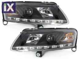 Φανάρια εμπρός για Audi A6 με φώτα ημέρας led (2004-2007) - μαύρα , με λάμπες (Η1) - σετ 2τμχ.